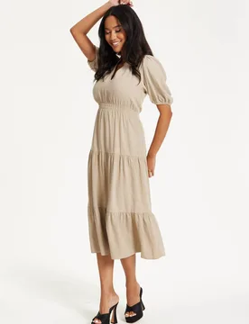 Women's Beige Puff Sleeve Tiered Midi Dress Size: 14 - Beige - Size: 14 - Liquorish - FashionsVida