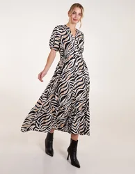 Shirred Waist Button Front Puff Sleeve Midi Dress - XL / BLACK - female