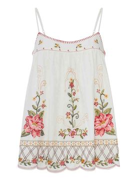 Top In Misto Lino Con Ricami Floreali