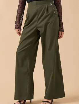 Women's Petite Zip Wide Leg Trousers in Dark Green Size: 16 - Dark Green - Size: 16 - PixieGirl - FashionsVida