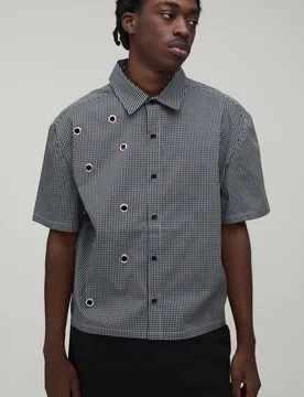 Mens Oversized Boxy Eyelet Detail Micro Check Shirt - Black Cotton - Size X-Large - boohooMAN - FashionsVida
