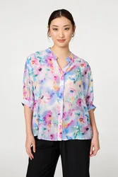 Women's Floral 3/4 Sleeve Curved Hem Blouse in Blue Size: 10 - Blue - Size: 10