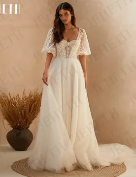 JEHETH Wedding Dresses Boho Vintage Half Sleeves Tulle Beach Bridal Gown Vestidos De Novia Boda Civil Backless Lace Appliques - Aliexpress - FashionsVida