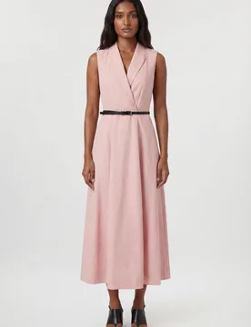 Womens Premium Viscose Linen Tailored Belted Full Skirted Midi Dress - Light Pink - Size 16 Uk - Karen millen - FashionsVida