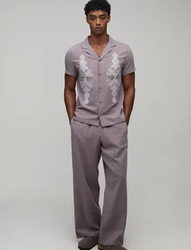 Men's Textured Embroidered Regular Shirt & Wide Leg Trouser Set Taupe Size Medium Taupe M - boohooMAN - FashionsVida