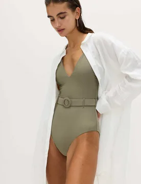 Textured Belted Plunge Swimsuit Dark Khaki female - M&S - FashionsVida