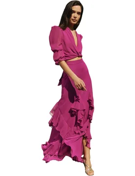 Falda midi asimétrica con aberturas y volantes - MIPHAI - FashionsVida