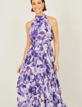 Women's Purple Abstract Floral Halter Neck Pleated Midi Dress Size: 14 - Purple - Size: 14 - Yumi - FashionsVida