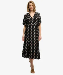 Superdry Damen Bedrucktes Wickel-midikleid Black - Größe: 42