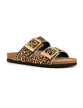 Sandali in cavallino a stampa animalier con doppia fascetta e fibbie di chiusura in metallo dorate - Colors of California - FashionsVida