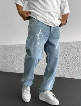 Jeans casuales holgados para hombre con diseño de estampado de relámpago, pantalones rectos versátiles - Shein - FashionsVida
