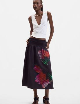 Falda midi pixelada, Mujer, Negro, XS