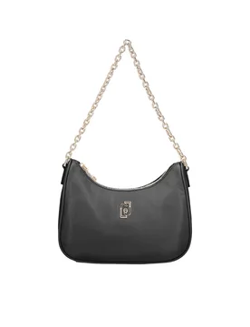 Borsa a spalla nera a mezzaluna in nylon con logo frontale e necessarie in coordinato - Liujo - FashionsVida