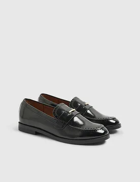 Womens Loafers Black Patent Gold Trim - Size Uk 5 - River Island - FashionsVida