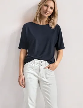 Basic Shirt mit Boat Neck und Elastikbund female Blau