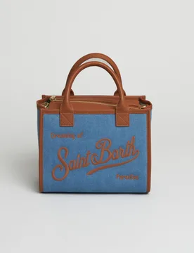 Borsa Vanity Midi in denim con finiture e manici in pelle color cuoio - MC2 SAINT BARTH - FashionsVida