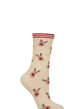 Women's 1 Pair Christmas Design Cotton Socks Reindeer One Size - Brown - Size: One Size - Charnos - FashionsVida