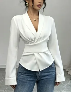 Commute-style short-sleeved V-neck fashionable long-sleeved shirt for women with a fitted waist and body-hugging design - Aliexpress - FashionsVida
