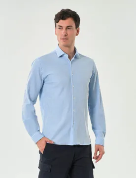 Camicia a righe bianche e azzurre in seersucker tecnico active tailor fit - Xacus - FashionsVida