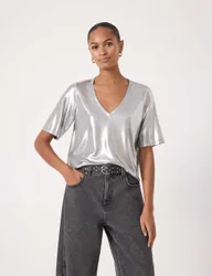 Metallic V-Neck T-Shirt Silver female