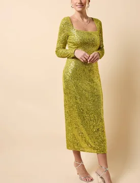 Women's Lime Sequin Square Neck Midaxi Dress Size: 10 - Lime - Size: 10 - Little mistress - FashionsVida