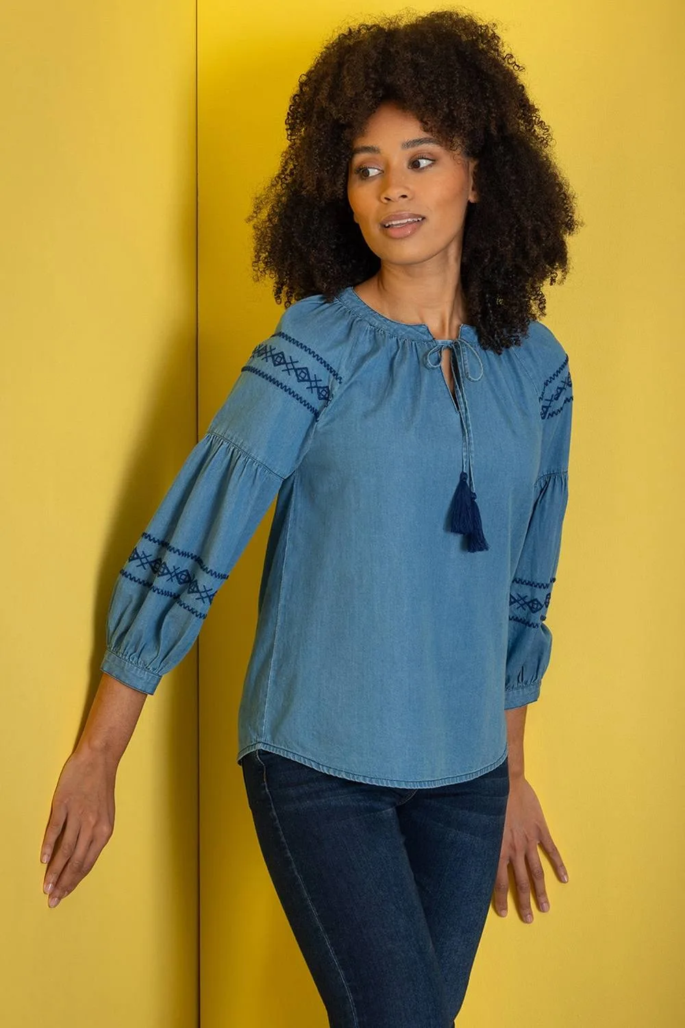Boho Embroidered Raglan Sleeve Top - Blue - Size: 22 - Klass. - FashionsVida