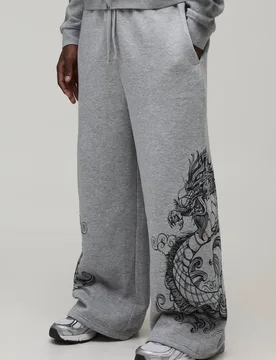 Herren Extrem Weite Jogginghose Mit Drachen-Grafik Grey Marl Größe Medium - boohooMAN - FashionsVida