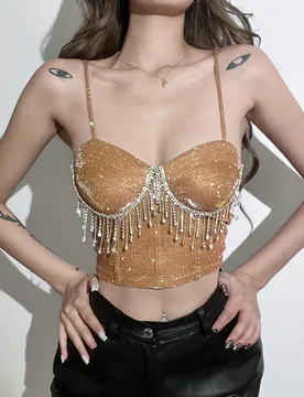 Spring and Summer New Women's Suspender with A Straight Neck and Rhinestone Tassel, Sexy Exposed Navel Slim Fit Vest for Women - Aliexpress - FashionsVida