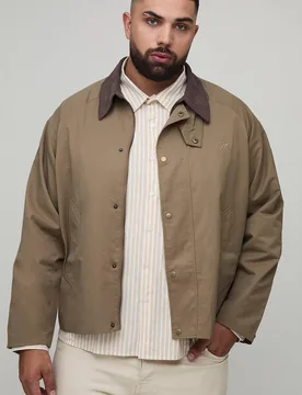 Men's Plus Boxy Cord Collar Embroidered Worker Jacket Stone Size 2X-Large Stone 2XL - boohooMAN - FashionsVida