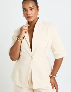 Womens Plus Oversized Short Sleeve Trim Button Chinched Blazer - Beige - Size 20 Uk - Boohoo - FashionsVida