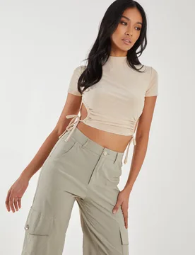 Womens Cut Out Tide Side High Neck Crop Top - Stone - Size Medium - Pink Vanilla - FashionsVida