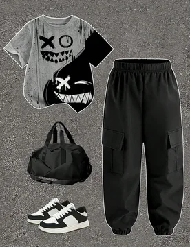 Conjunto de camiseta de manga corta con cuello redondo y estampado de calavera y rostro para niño, combinado con pantalones cargo, adecuado para fest - Shein - FashionsVida