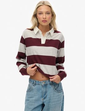 Superdry Damen Athletic Essentials Gestreiftes Rugby-oberteil in Cropped-länge Red - Größe: 42