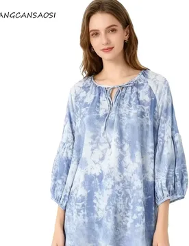 Women's Casual Clothing Tie Dye Blue Print Cool 100% Natural Mulberry Silk Crepe De Chine Round Neck Lantern Sleeve T-shirt - Aliexpress - FashionsVida