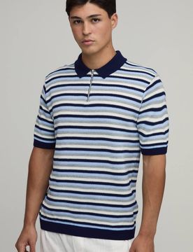 Herren Normal Geschnittenes Strick-Poloshirt Mit 1/4-Reißverschluss Und Streifenmuster Navy Größe Large