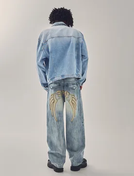 Jean Super Baggy Brodé 34 Bleu Lavé - Bershka - FashionsVida