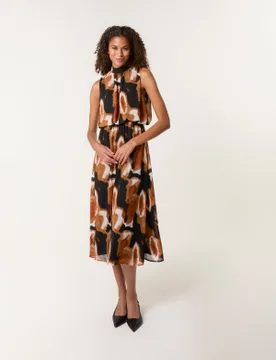 Womens Sleeveless Puffball High Neck Printed Dress - Rust - Size Medium - Blue Vanilla - FashionsVida