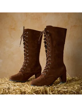 Botas de media pantorrilla para mujer, botas de caballero romano con cordones de estilo europeo y americano, botas de moda de unicolor, botas casuales - Shein - FashionsVida
