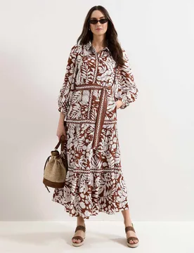 Printed Collared Button Front Maxi Dress Brown Mix female - Phase Eight - FashionsVida
