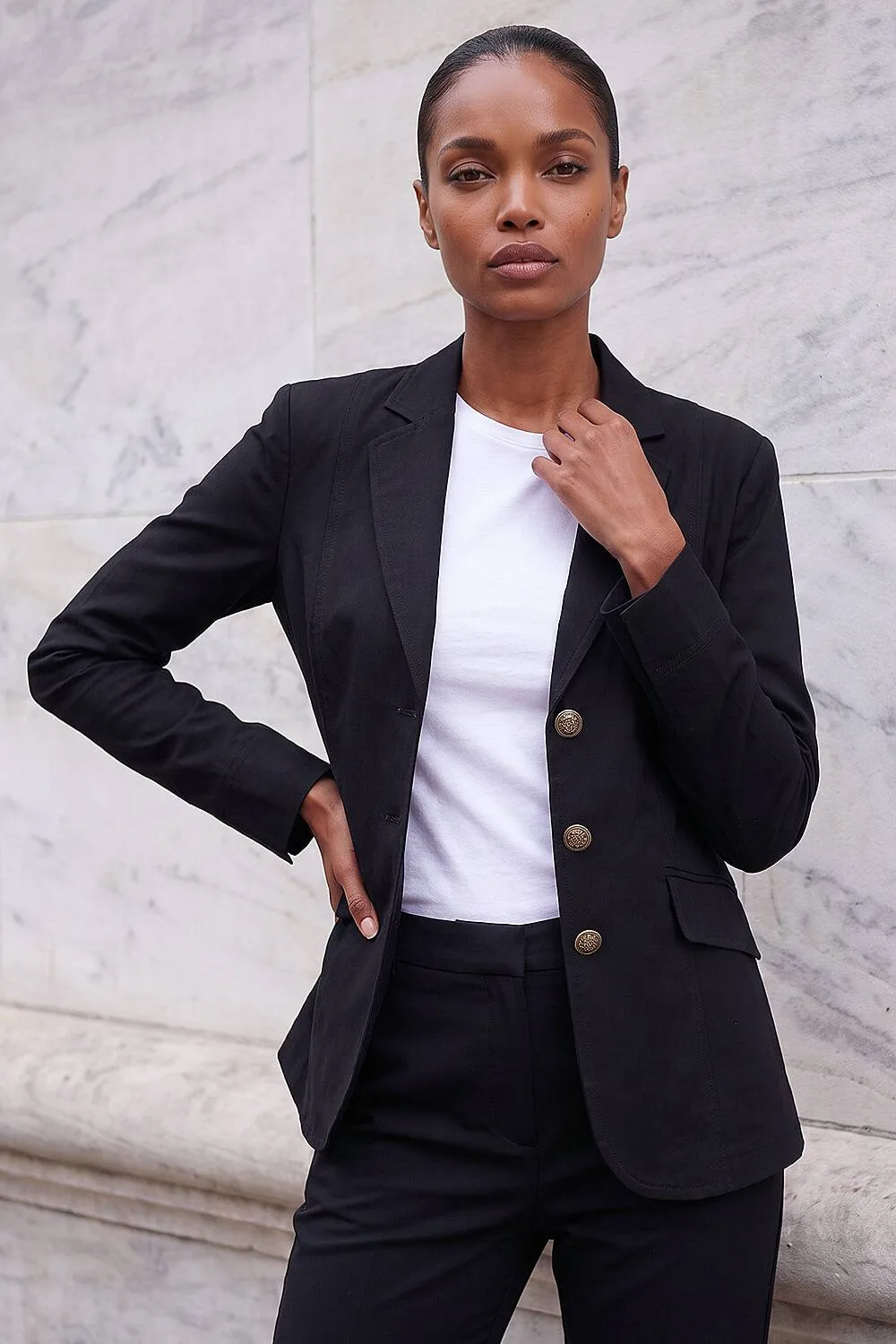 Button Detail Stretch Blazer - Black - Size: 16 - Roman - FashionsVida