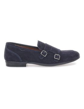 Mocassini da uomo blu scuro con doppia fibbia in pelle calzata ampia 4077 43