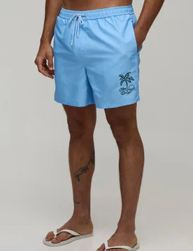 Men's Palm Embroidered Mid Length Swim Short Light Blue Size Medium Light Blue M - boohooMAN - FashionsVida