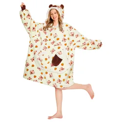 Yellow Capybara Kawaii Printed Wearable Blanket Hoodie Animals Onesie Oversized Soft Homewear With Giant Pocket For Adult - One Size