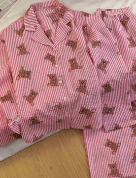 Conjunto de pijama de 2 piezas con cárdigan holgado con botones con estampado de oso y mangas largas + pantalones con cintura elástica, ropa de esta - Shein - FashionsVida