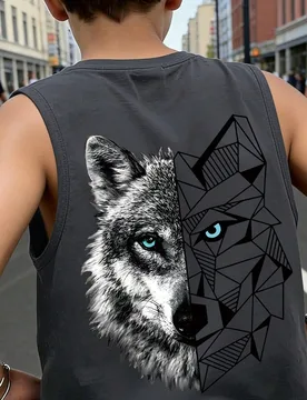 Camiseta sin mangas para adolescentes con estética callejera, estampado de cabeza de lobo dividida, acento geométrico, top holgado, para skateboardi - Shein - FashionsVida
