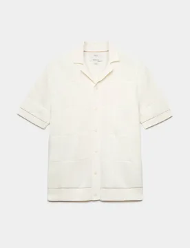 Button-Through Patchwork Knitted Polo Shirt Ecru male - M&S - FashionsVida