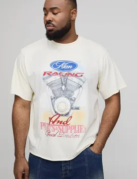 Herren Plus Regular Fit Auto-Motor-Grafik Gewaschenes T-Shirt Ecru Größe 2XL - boohooMAN - FashionsVida
