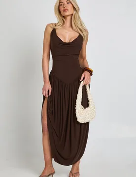 Womens Slinky Cami Maxi Dress With Ruched Waistband - Chocolate - Size 12 Uk - Boohoo - FashionsVida
