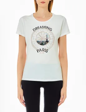 T-shirt bianca in cotone stretch con stampa Parigi frotale rotonda con orologio in strass sovrapposto - Liujo - FashionsVida