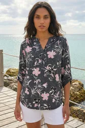 Textured Floral Print V-Neck Stretch Shirt - Pink - Size: 14